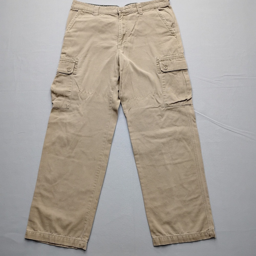 Eddie Bauer Mens Khaki Tan Cotton Canvas Cargo Utility Pants 34x32 Straight Leg